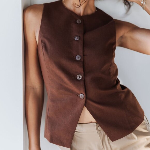 Mimosa Jackets & Blazers - Brown Linen Blend Button Vest Top Tailored Waistcoat Style NWT Medium
